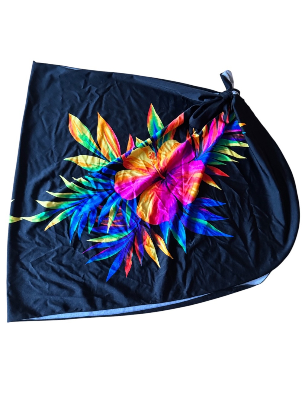 Longitude Vintage Swim Wrap Cover Skirt One Size OS Black Colorful Hibiscus